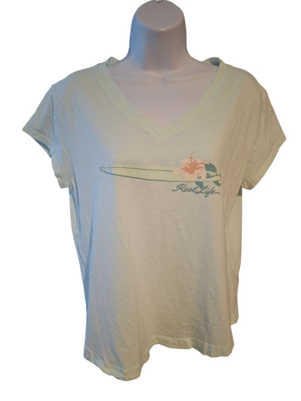 Reel Life Womens M Fishing Shirt Aqua V Neck Hibiscus Coastal Cowgirl Beach Tee